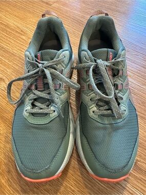 Asics Olive Green Athletic Shoes with Coral Accents
